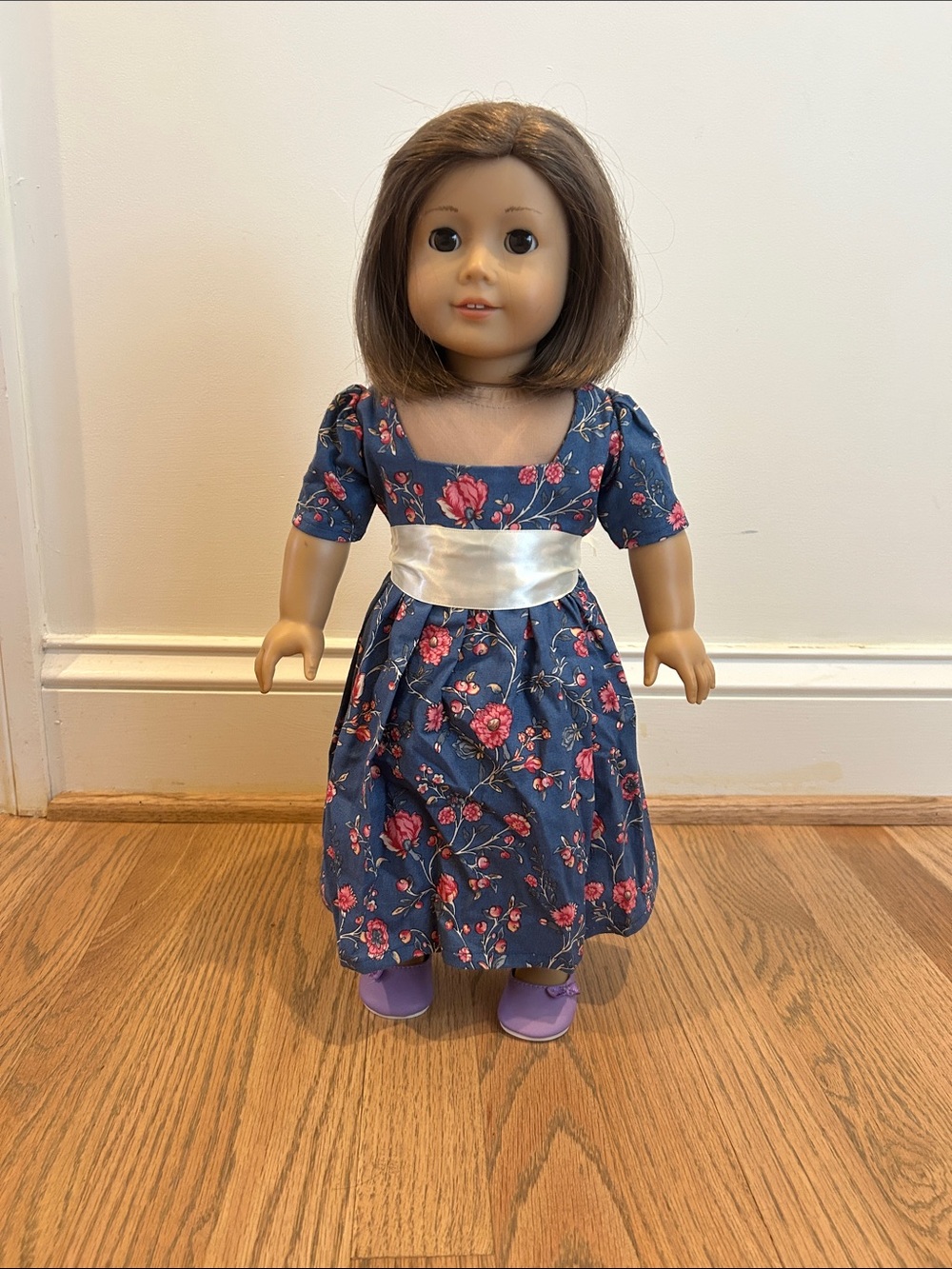 Blue Floral Doll Dress with Cream Sash
